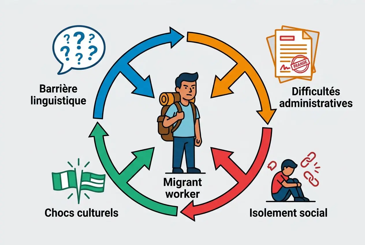Illustration montrant un travailleur migrant entouré d’un cycle d’obstacles: barrière linguistique, difficultés administratives, isolement social, chocs culturels. Le texte intègre la phrase “comment surmonter la barrière de la langue” de façon fluide.