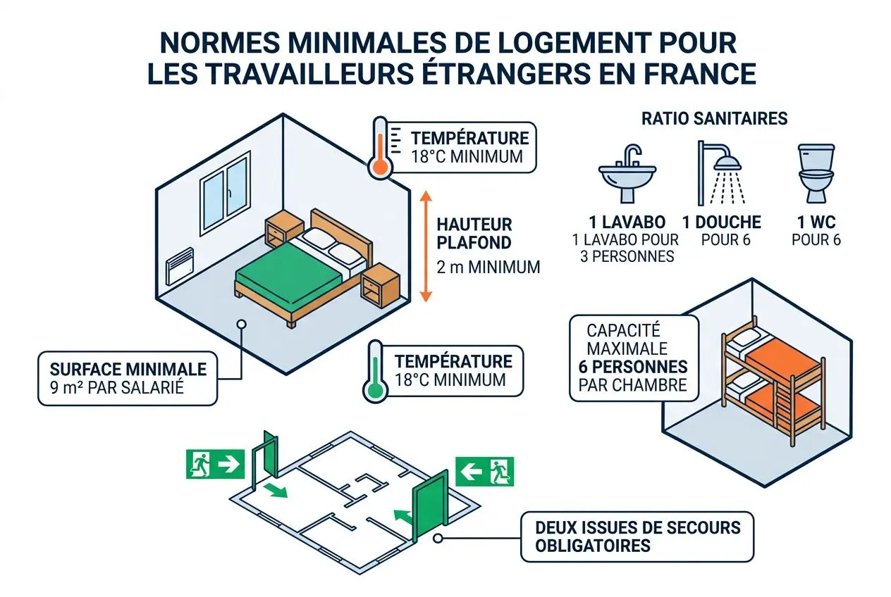 Logement fourni par l'employeur: illustration des normes minimales pour travailleurs étrangers en France, comprenant chambre, salle de bains et sorties de secours.