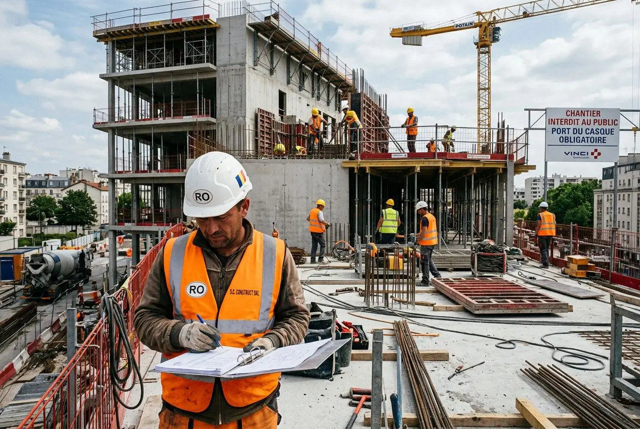 Ouvrier sur un chantier de construction, registre et plans à la main, portant un gilet orange et casque RO, avec plusieurs travailleurs en arrière-plan. contexte: coût du détachement d'un travailleur roumain.