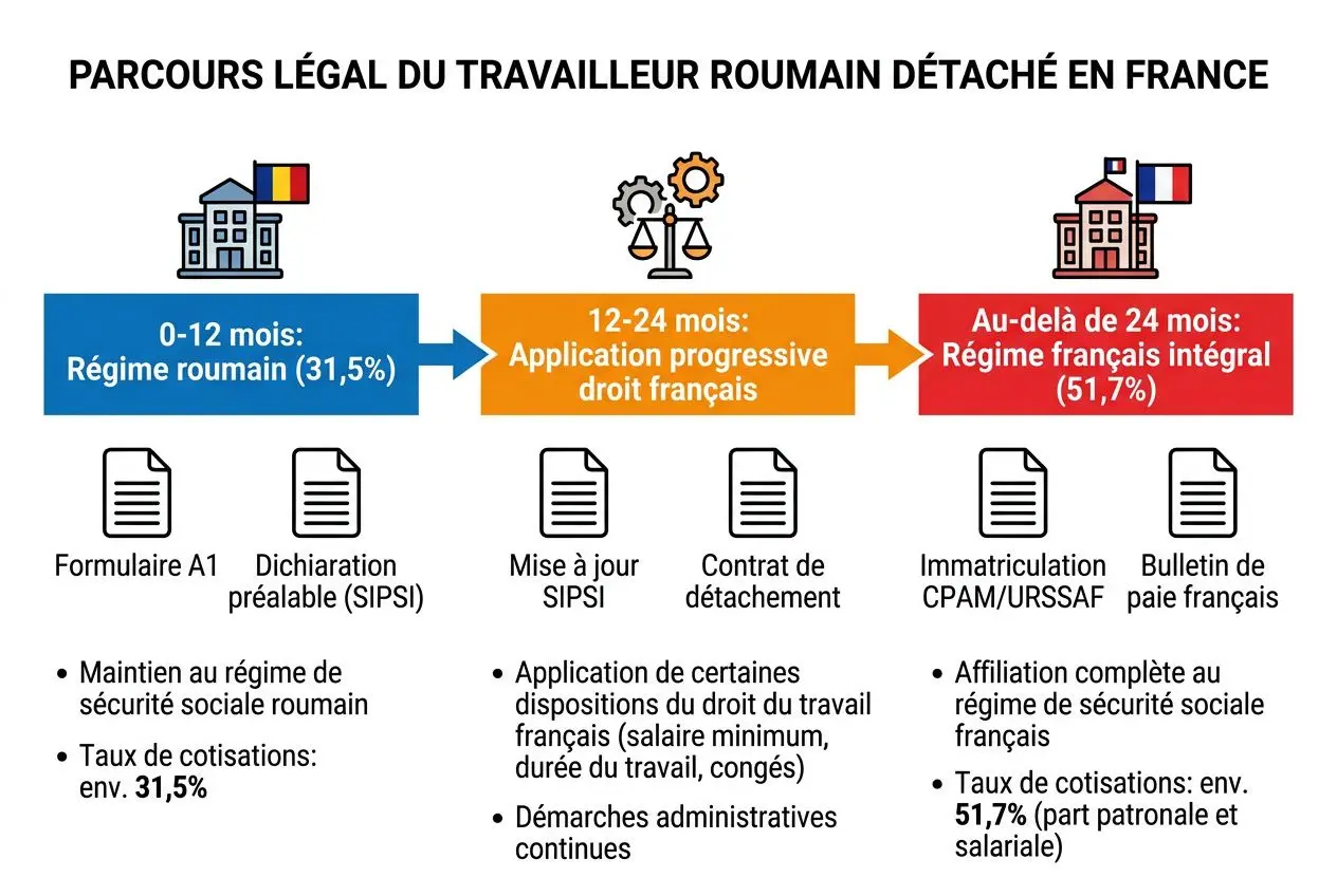 Parcours légal du travailleur roumain détaché en France, coût détaillé et étapes.