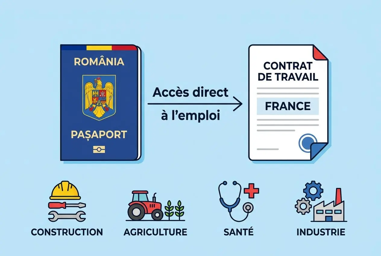 Passport roumain et contrat de travail France montrant l’accès direct à l’emploi, avec secteurs: construction, agriculture, santé et industrie. Pourquoi les roumains viennent travailler en france.