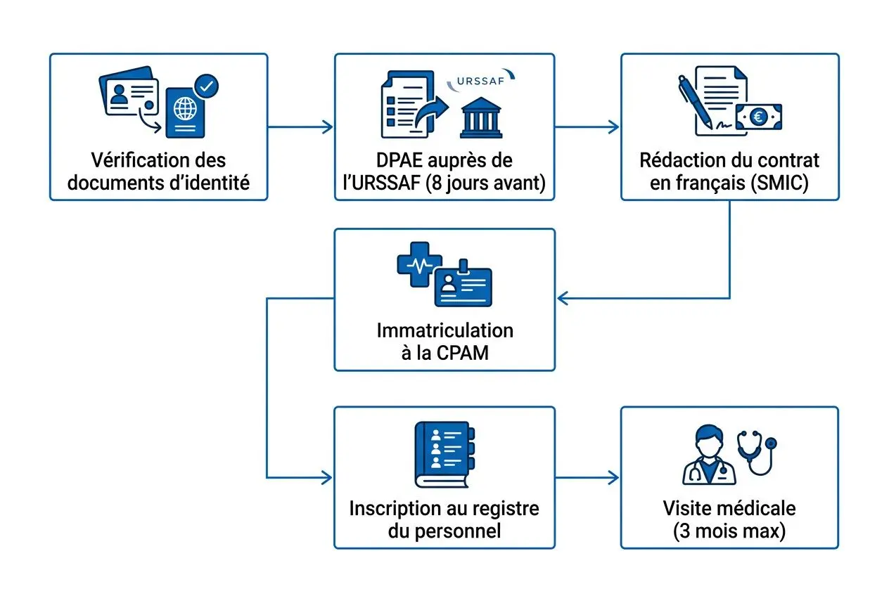 Processus d’embauche via intérim: vérification des documents, DPAE, rédaction du contrat, immmatriculation CPAM et inscription au registre du personnel, visite médicale (3 mois max). Note: intégration du mot-clé: comment embaucher travailleurs roumains.