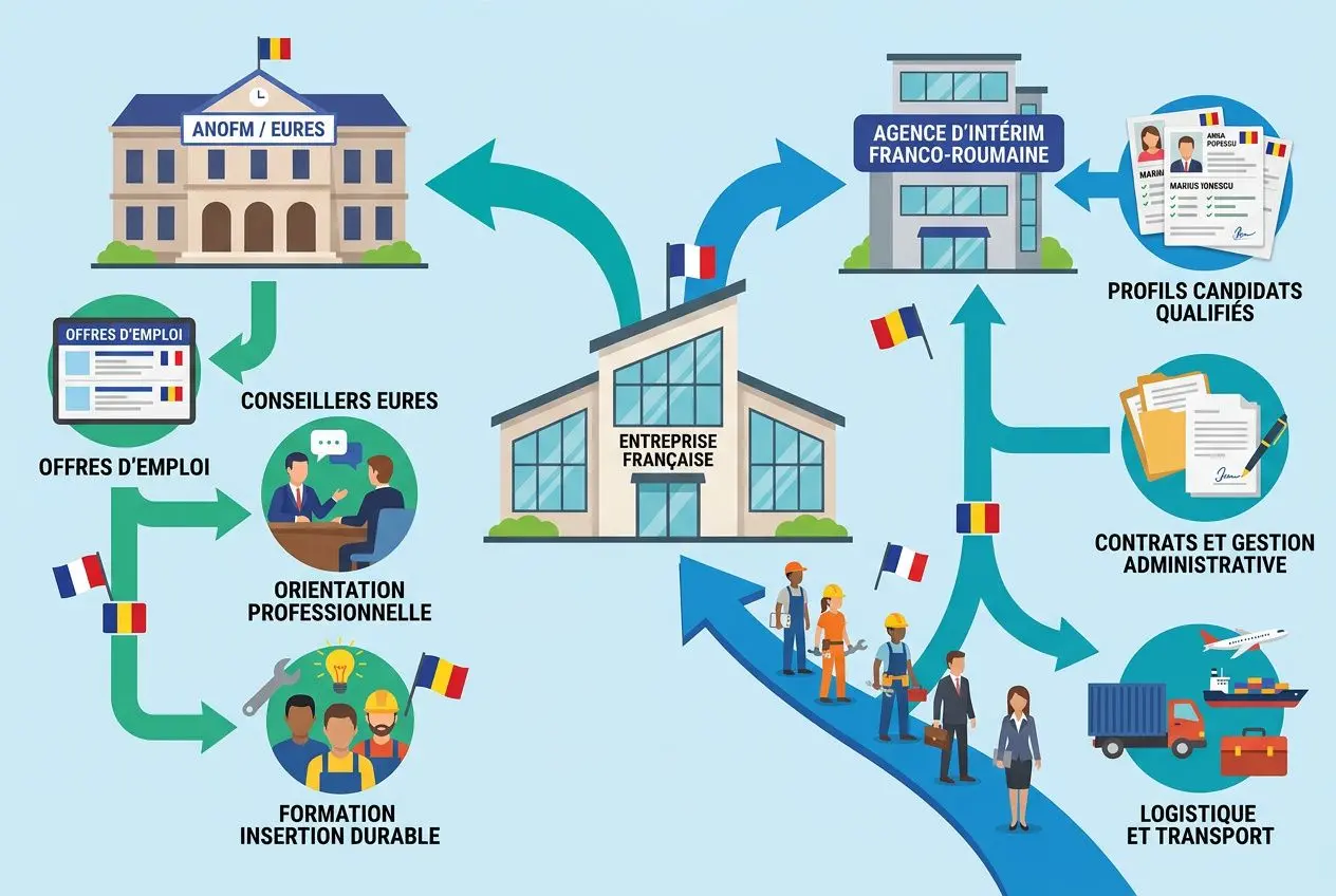 Processus d'embauche via l'intérim pour travailleurs roumains, incluant agences, contrats, logistique et formation. commentaire embaucher travailleurs roumains intégré naturellement.