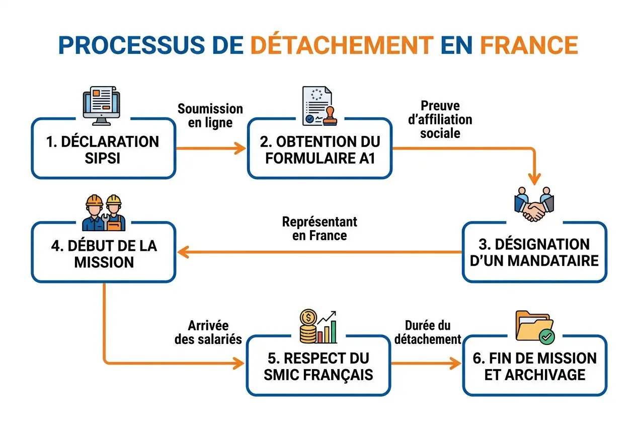 Processus de détachement en France : étapes clés illustrant la déclaration SIPS, l’obtention du formulaire A1, la désignation d’un mandataire, le début de mission et le respect du SMIC, jusqu’à l’arrivée des salariés et l’archivage. c'est quoi un travailleur détaché.
