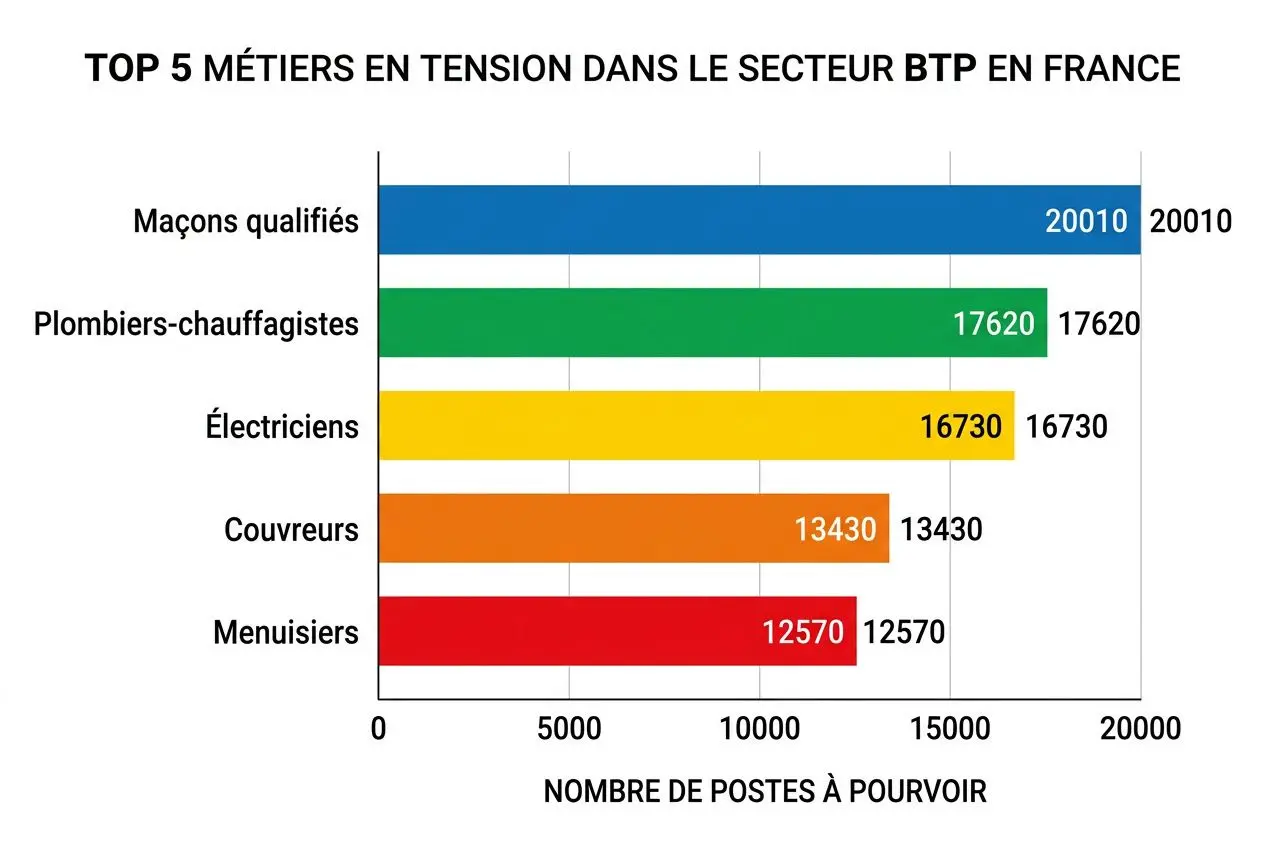 Top 5 métiers en tension dans le secteur BTP en France, avec les chiffres de postes à pourvoir affichés par métier. Maçons qualifiés, plombiers-chauffagistes, Électriciens, couvreurs et menuisiers. Liste des métiers en tension.