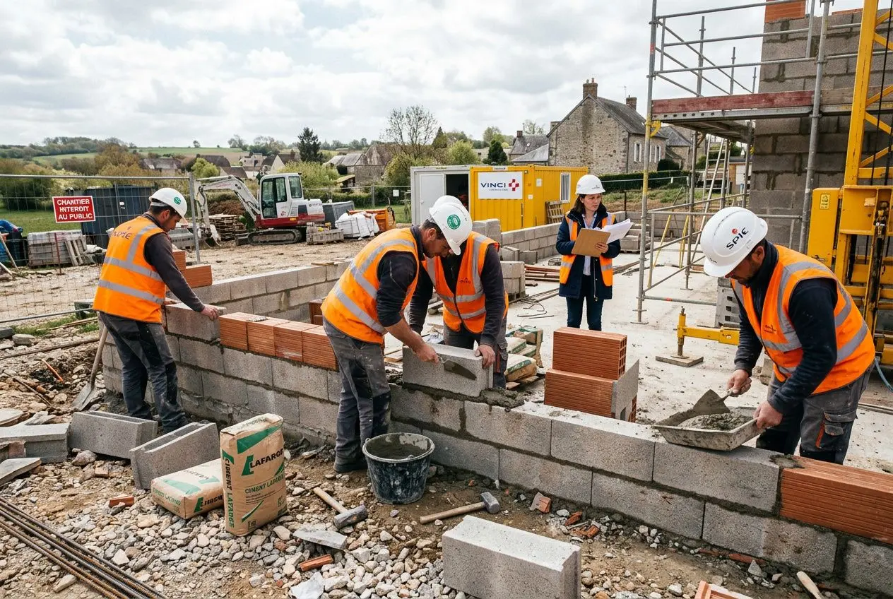 Travailleurs du BTP en chantier, pose de parpaings et cobage sur une muraille en briques, équipe en gilets orange et casques blancs sur un site de construction. grille salaire btp 2026 intégré naturellement.