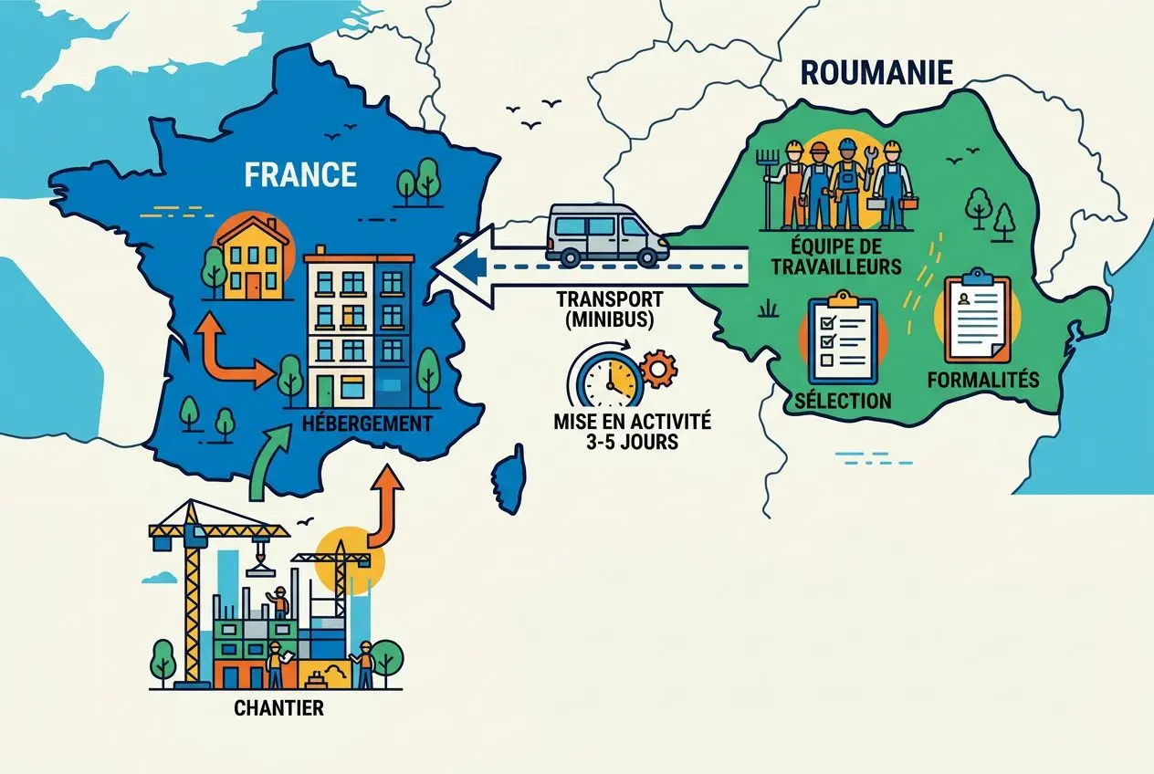 Cartographie illustrant les travailleurs roumains en construction France: flux de transport, sélection et formalités entre Roumanie et chantier en France.