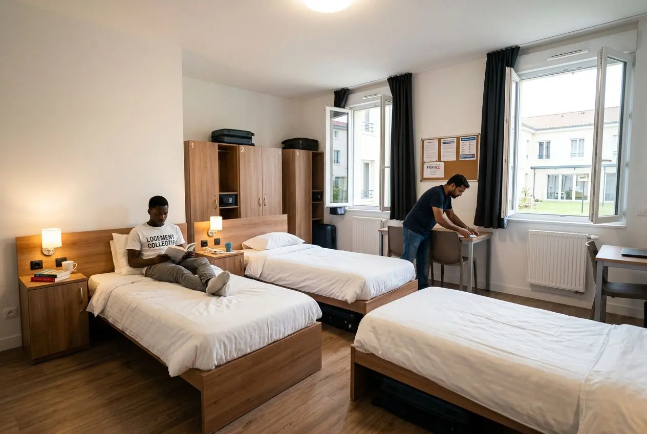 Chambre d'hôtes lumineuse avec trois lits simples, meubles en bois et bureau; un homme assis sur le premier lit et un autre près de la fenêtre. Altération des conditions d'hébergement des travailleurs étrangers.