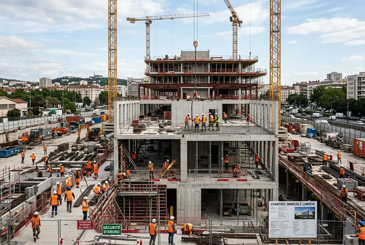 Chantier de bâtiment en hauteur avec plusieurs grues et ouvriers en sécurité orange, vue d’un immeuble en construction en France. pénurie main-d'œuvre btp france.