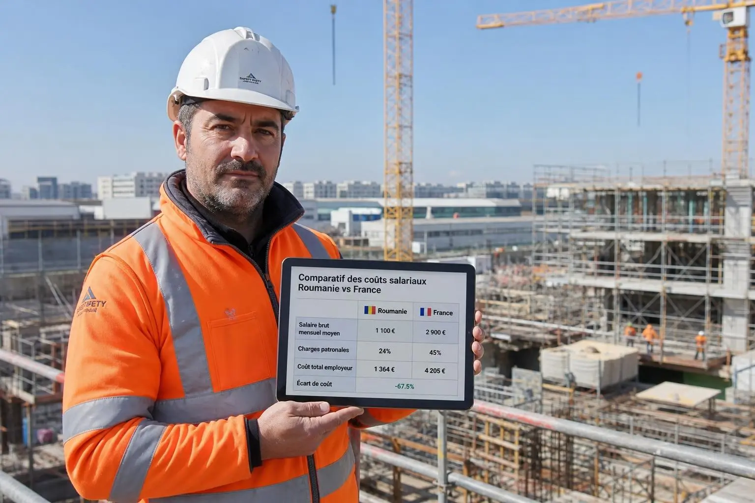 Chef de chantier portant casque sur un chantier, tenant une pancarte comparative des coûts salariaux Roumanie vs France.