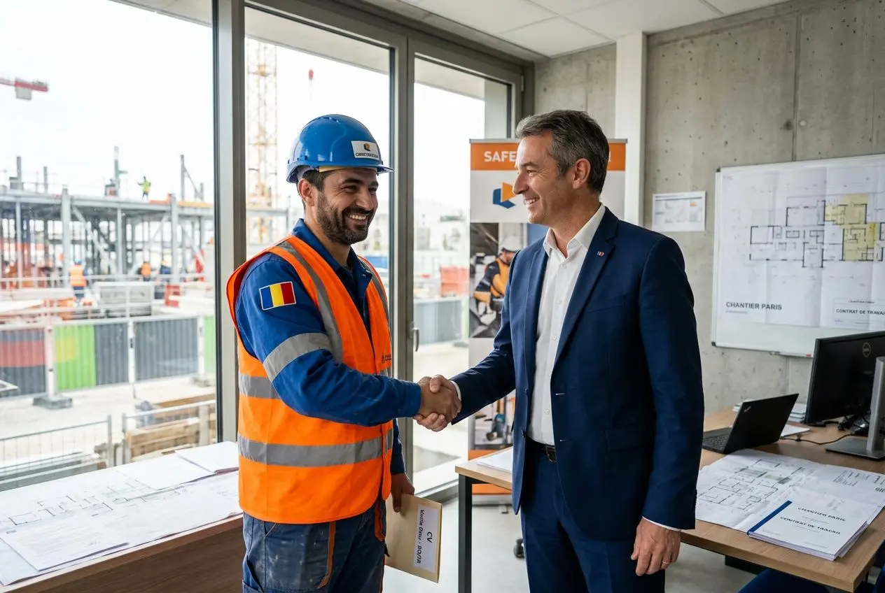 Deux hommes se serrent la main dans un chantier : un ouvrier en casque bleu et gilet naranja, et un cadre en costume, signe de bienvenue.