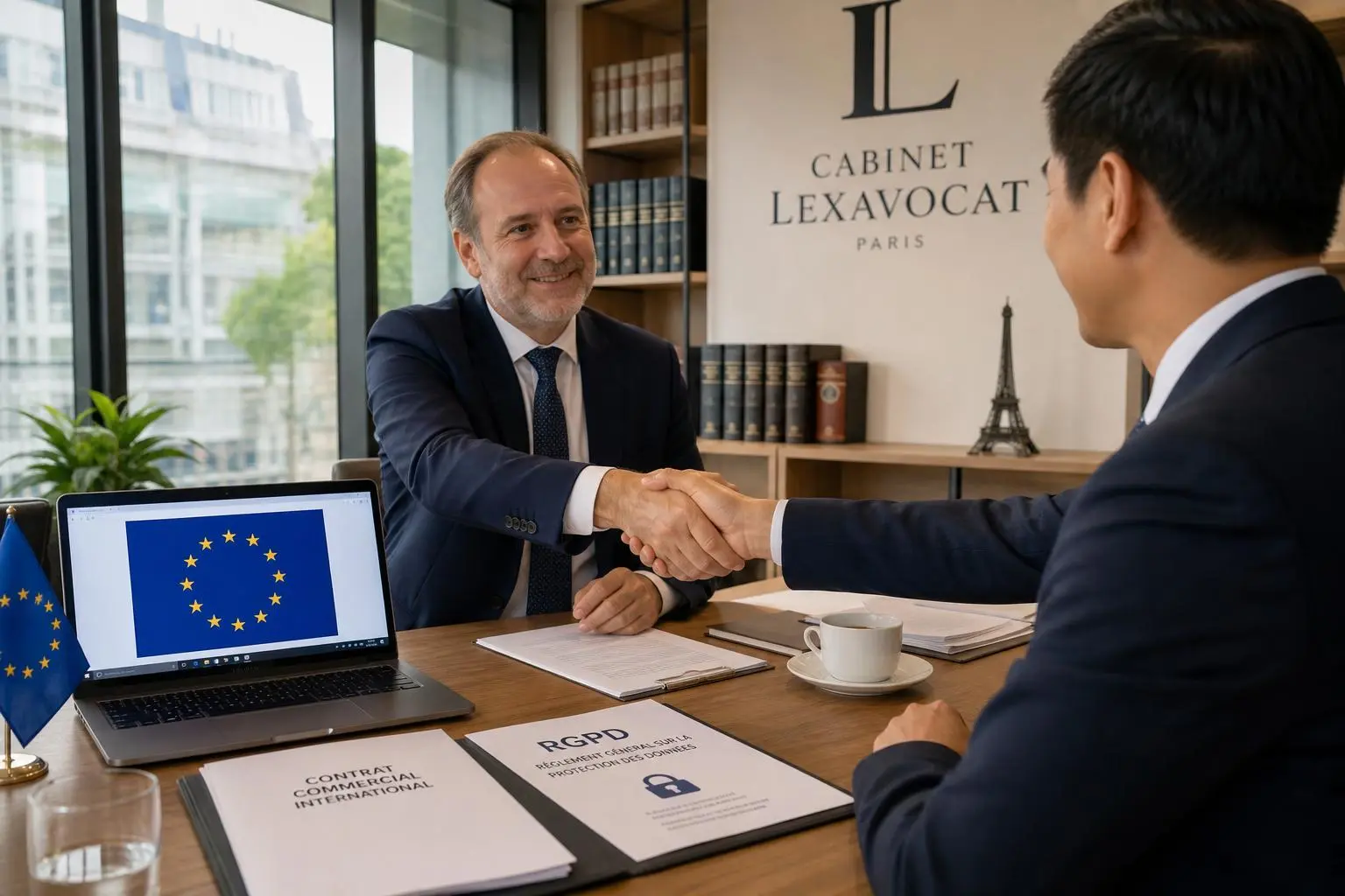 Deux professionnels se serrant la main au-dessus d’un dossier « RGPD » et « Contrat commercial international », avec un drapeau européen et un décor de cabinet d’avocat.