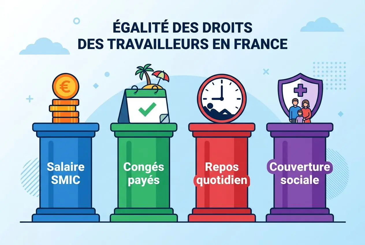Égalité des droits des travailleurs en France: illustration montrant quatre colonnes colorées (salaire SMIC, congés payés, repos quotidiens, couverture sociale) avec icônes associées. Texte: comment embaucher légalement un roumain en france.