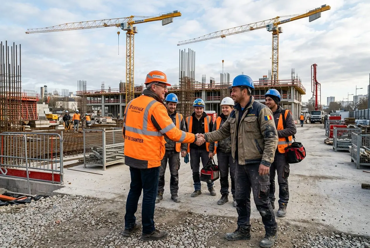 Équipe de chantier sur un site de construction, deux travailleurs se serrant la main, casques et gilets de sécurité, entourés par d’autres ouvriers et structures en béton. agence interim construction roumanie