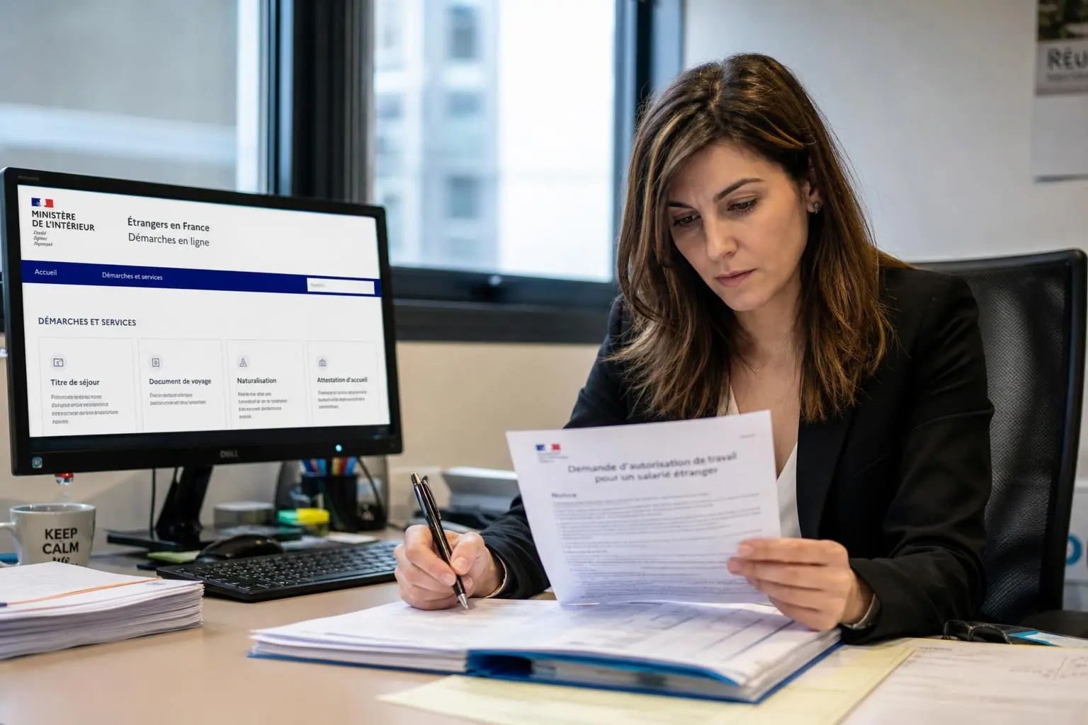 Femme de bureau lit et remplit des documents sur le thème de la taxe ofii employeur 2025, avec ordinateur affichant un site officiel.