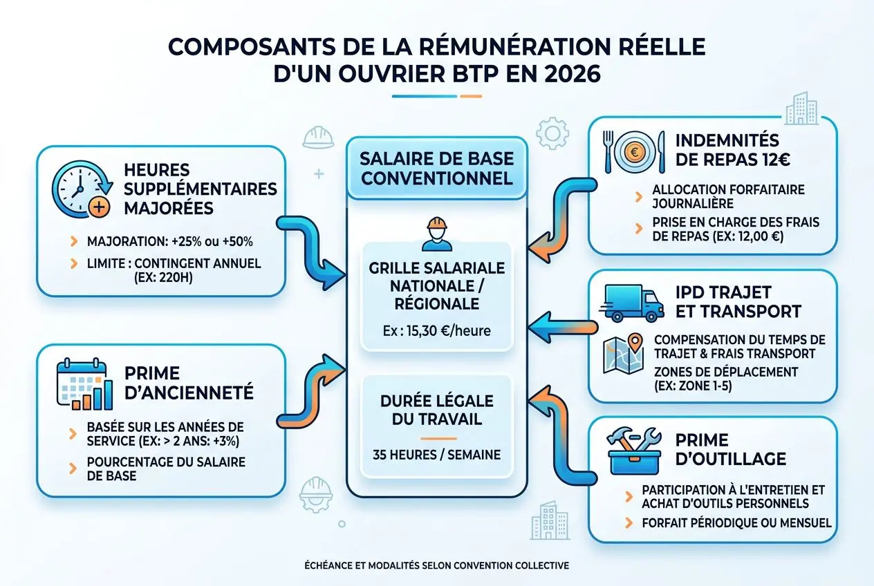 Grille de salaire convention BTP 2026 avec base conventionnelle, durée légale et primes détaillées pour ouvrier, ETAM et cadres.