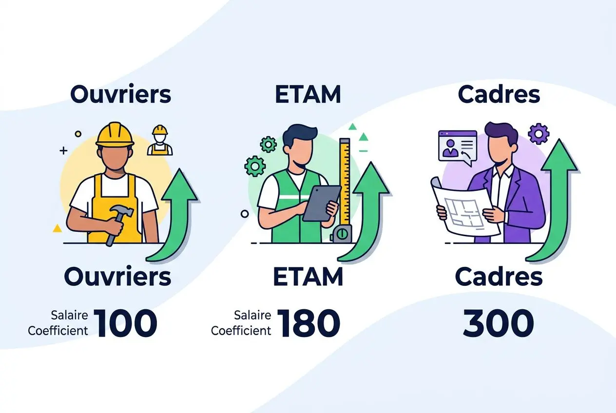 Grille de salaire convention btp 2026: ouvrier, ETAM et cadres affichant les coefficients 100, 180 et 300, ajustement du salaire minimum brut par catégorie.