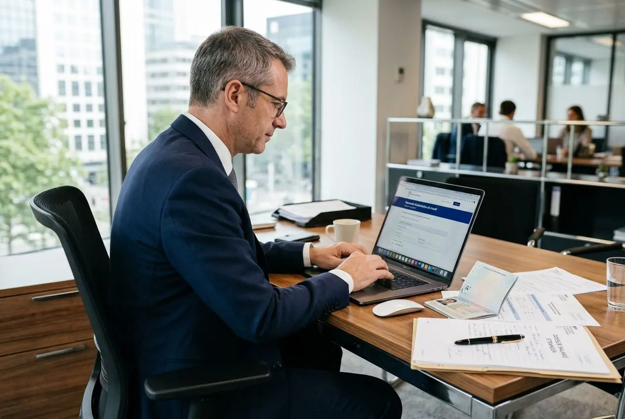 Homme d’affaires en costume travaille sur un laptop à un bureau, avec documents et tasse, dans un espace de travail moderne. demande d'autorisation de travail pour un salarié étranger direccte.