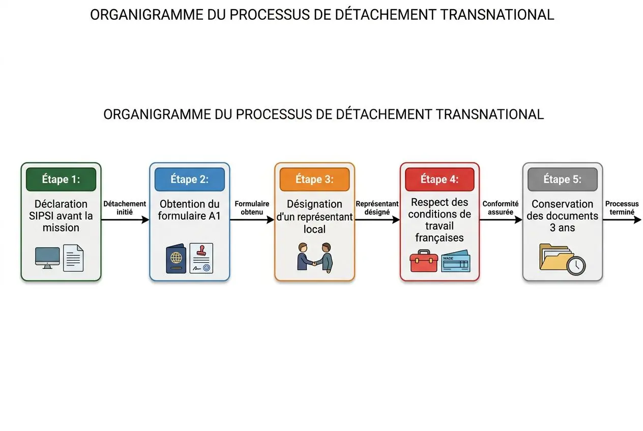 Organigramme du processus de détachement transnational avec 5 étapes, de la déclaration SIP/Savant à la conservation des documents. intégrant le thème: comment embaucher légalement un roumain en france.