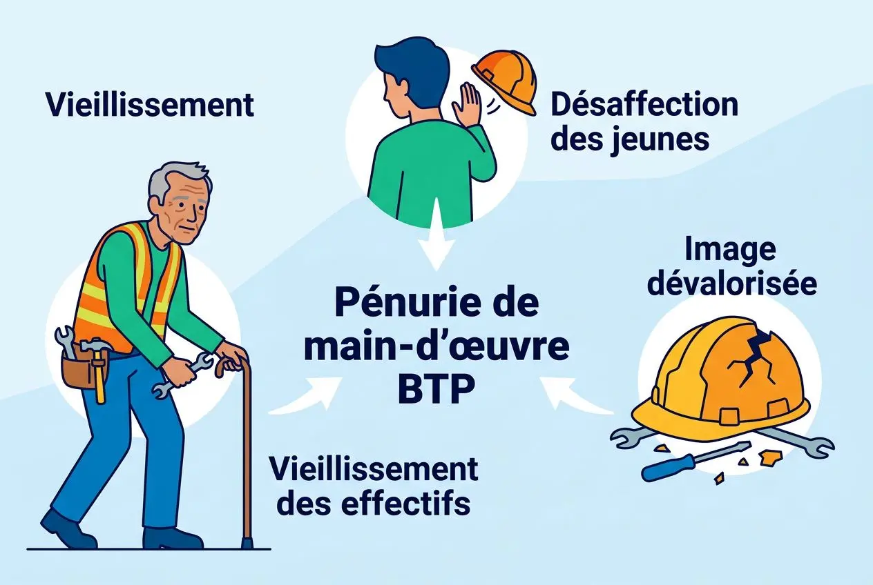 Pénurie de main-d’œuvre BTP illustrée: ouvrier âgé, jeunes non affectés, casque cassé et image dévalorisée représentent les causes et effets de la pénurie en France.