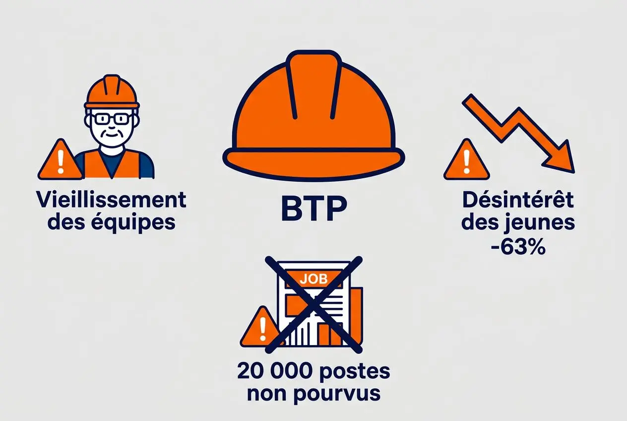 Pourquoi le btp est en crise, illustration montrant les défis: vieillissement des équipes, désintérêt des jeunes -63%, 20 000 postes non pourvus et icône BTP centrale avec casque orange.