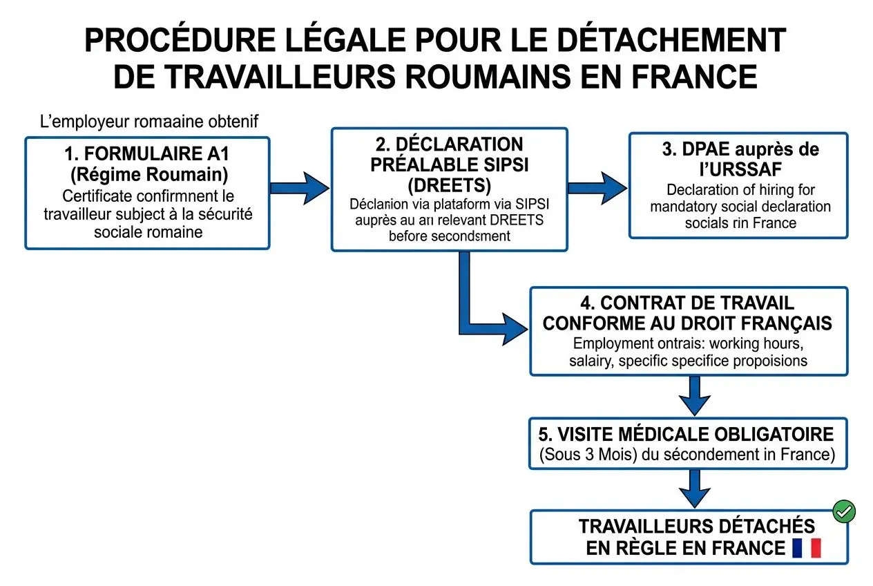 Procédure légale pour le détachement de travailleurs roumains en France, étape par étape (formulaire, déclaration, DPAE, contrat, visite médicale, travailleurs détachés en règle).