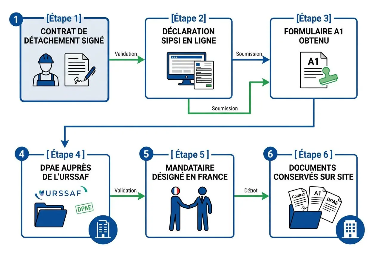 Processus en 6 étapes du détachement: contrat signé, déclaration en ligne, formulaire A1, DPAE, mandaté désigné, documents conservés sur site, avec flèches et pictogrammes. Travailleur détaché réglementation france intégré.