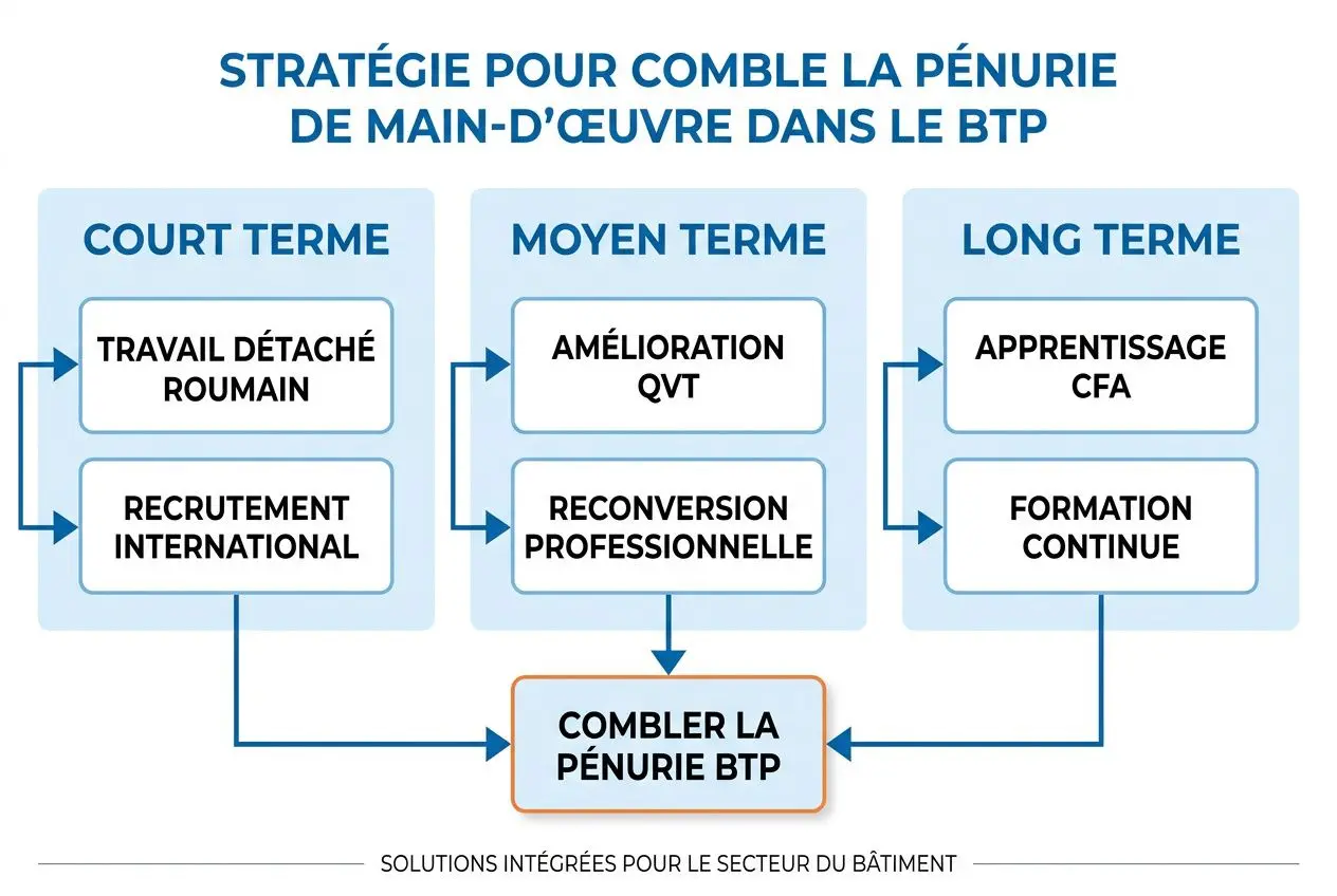 Schéma illustrant une stratégie pour combler la pénurie BTP : court terme, moyen terme et long terme avec recrutements, formations et apprentissage trois blocs se rejoignant vers « combler la pénurie BTP ».