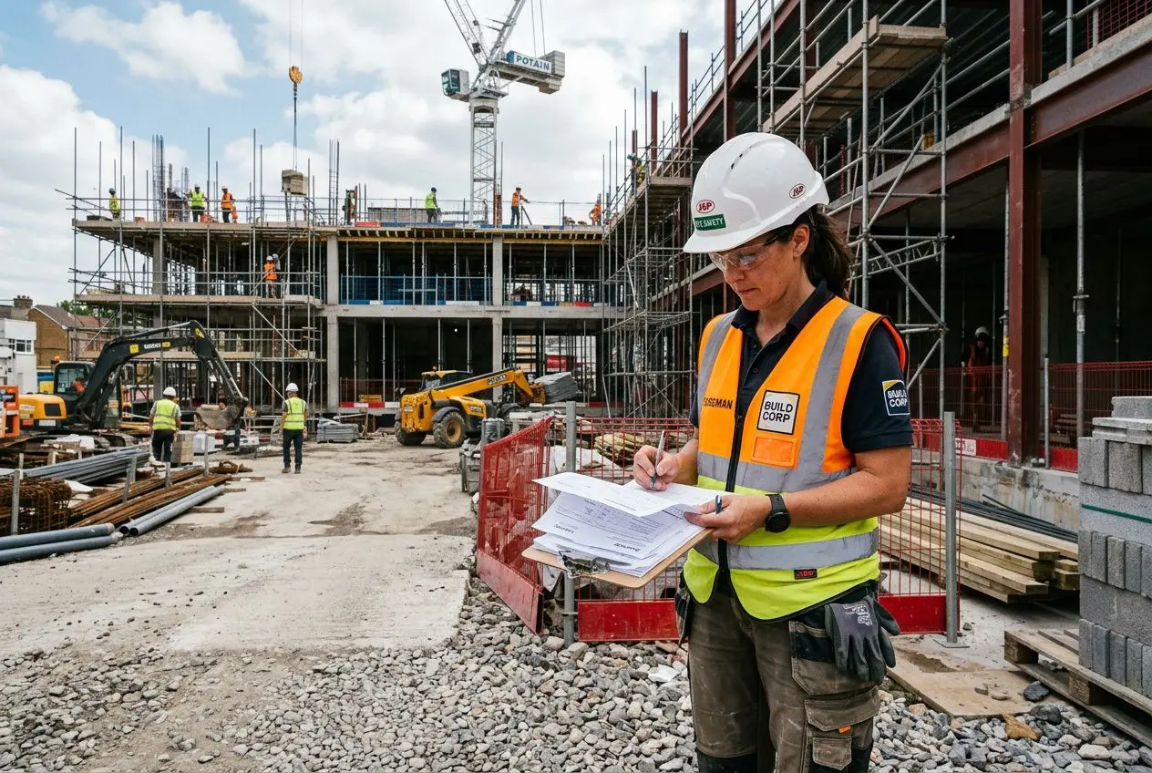 Agent de chantier en veste haute visibilité et casque blanc, carnet en main, sur un site BTP avec structures et grues. Coût intérimaire détaché construction sous-entendu.