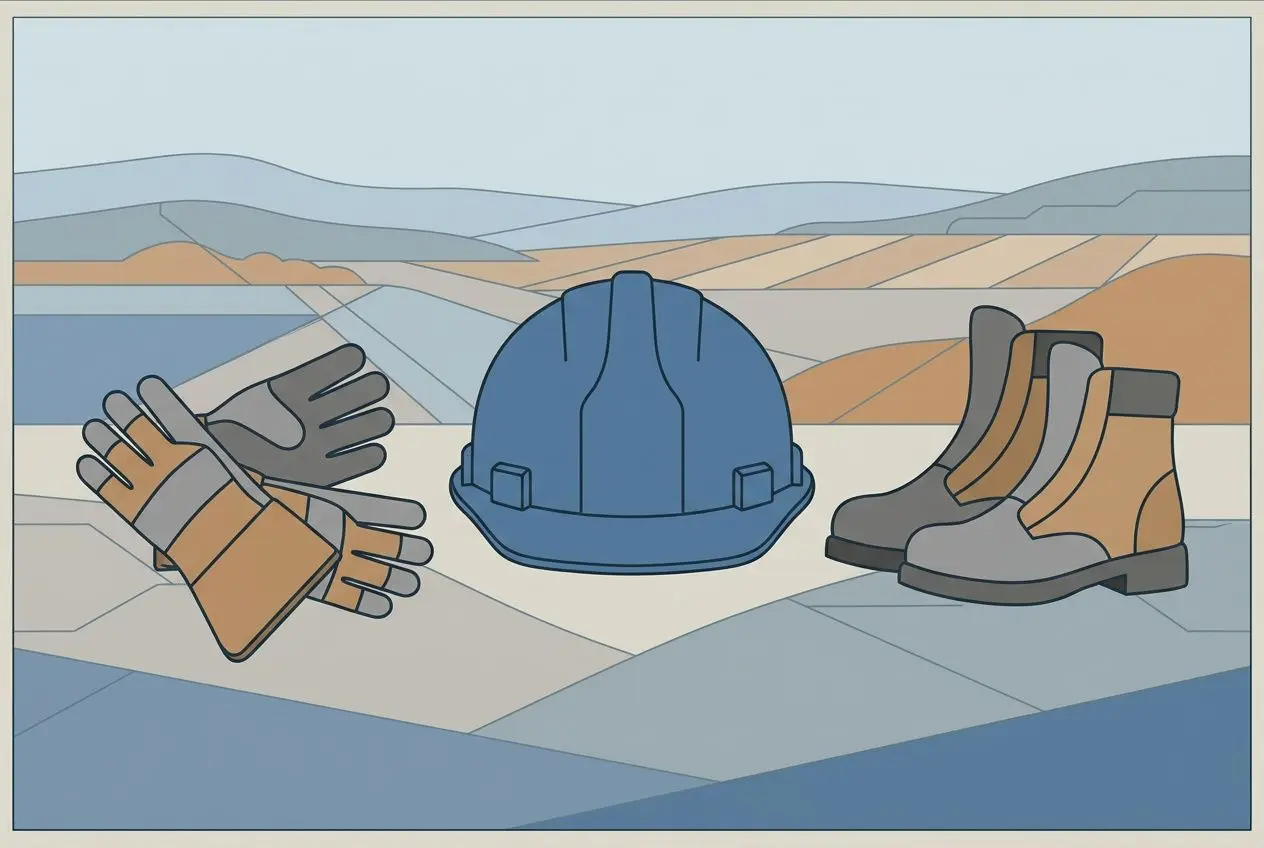 Casque, gants et bottes de sécurité sur un chantier, paysage minier en arrière-plan.