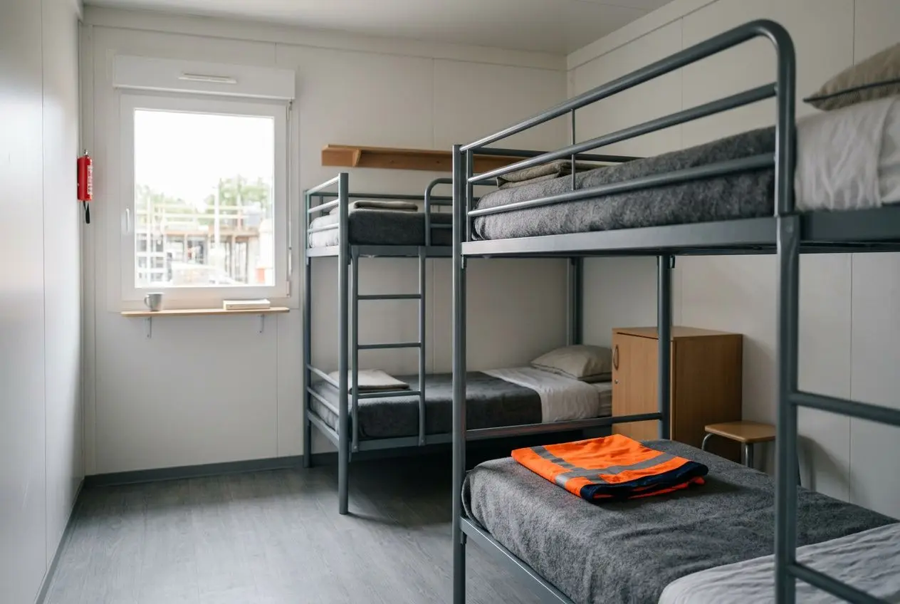 Chambre d’hébergement pour travailleurs: lits superposés en métal, linge gris, vestiges de chantier, fenêtre lumineuse et petite table. Hébergement intérimaire détaché btp conforme.