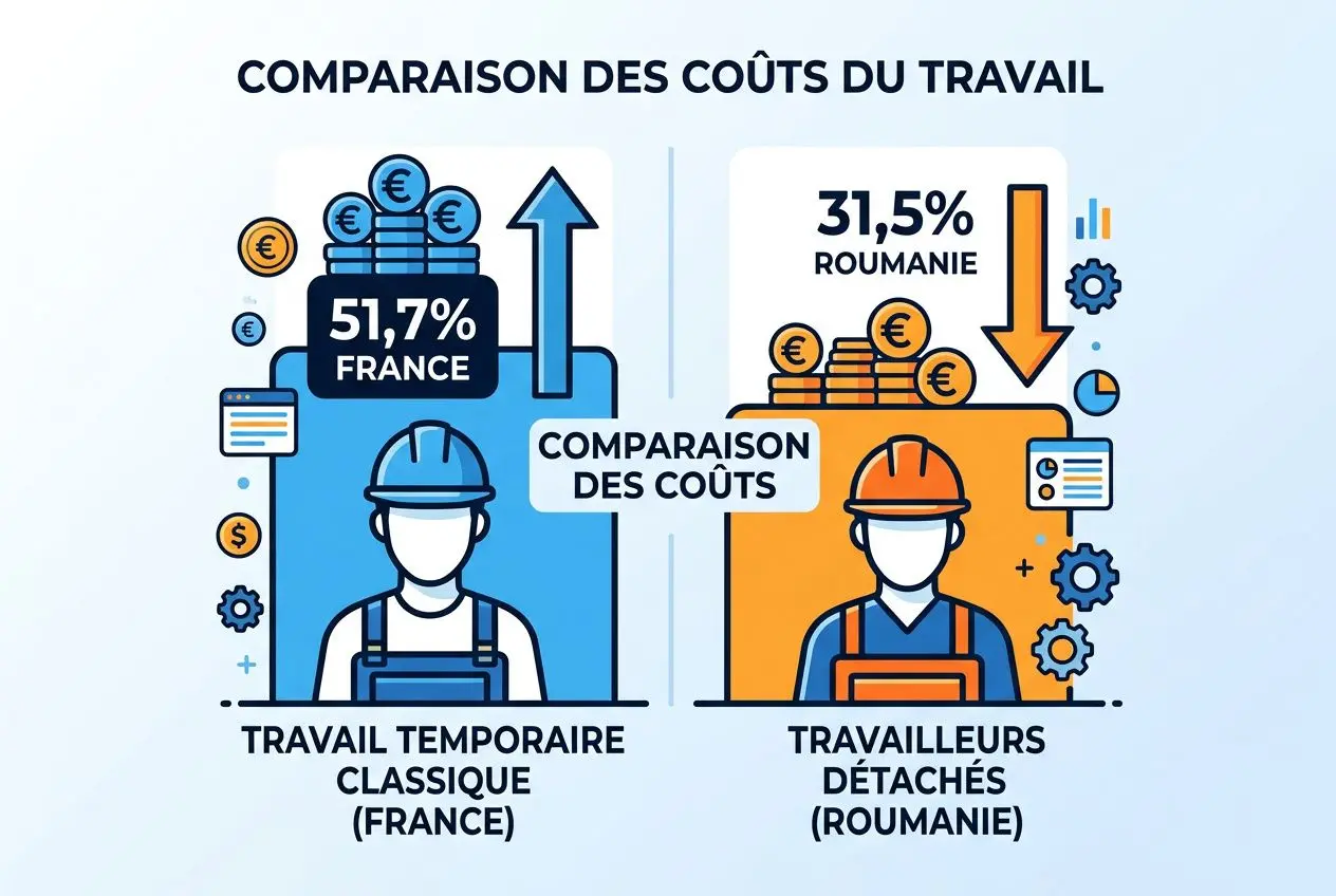 Comparaison des coûts du travail: ouvriers en France vs travailleurs détachés roumains, affichant 51,7% France et 31,5% Roumanie. agenc e interim roumaine france btp.