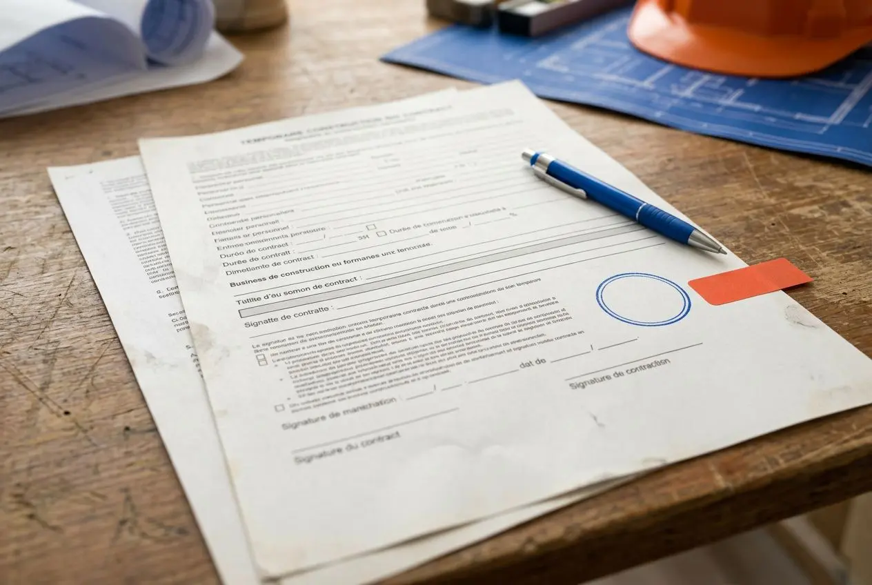 Contrat et documents sur une table en bois, stylo bleu et casque orange en arrière-plan, prêt à embaucher ouvriers temporaires BTP.
