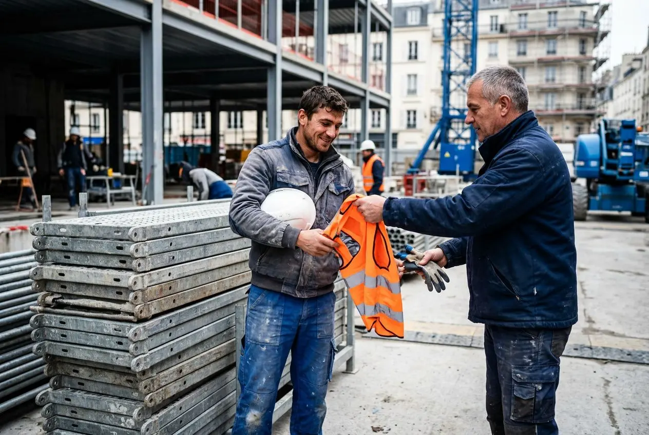 Deux ouvriers sur un chantier BTP échangent des équipements de sécurité, l’un remet en main une veste haute visibilité à l’autre près de piles de métal et d’équipements. embaucher ouvriers temporaires btp.