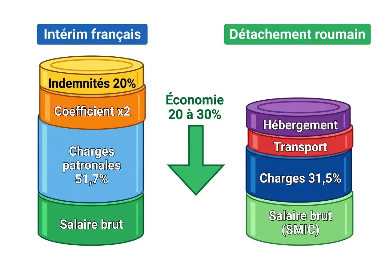 Diagramme comparatif montrant le coût intérimaire détaché construction: baril gauche "Intérim français" avec salaire brut, charges patronales 51,7%, coefficient x2 et indemnités 20%; flèche verte "Économie 20 à 30%" vers le baril droit "Détachement roumain" avec salaire brut (SMIC), charges 31,5%, hébergement, transport.