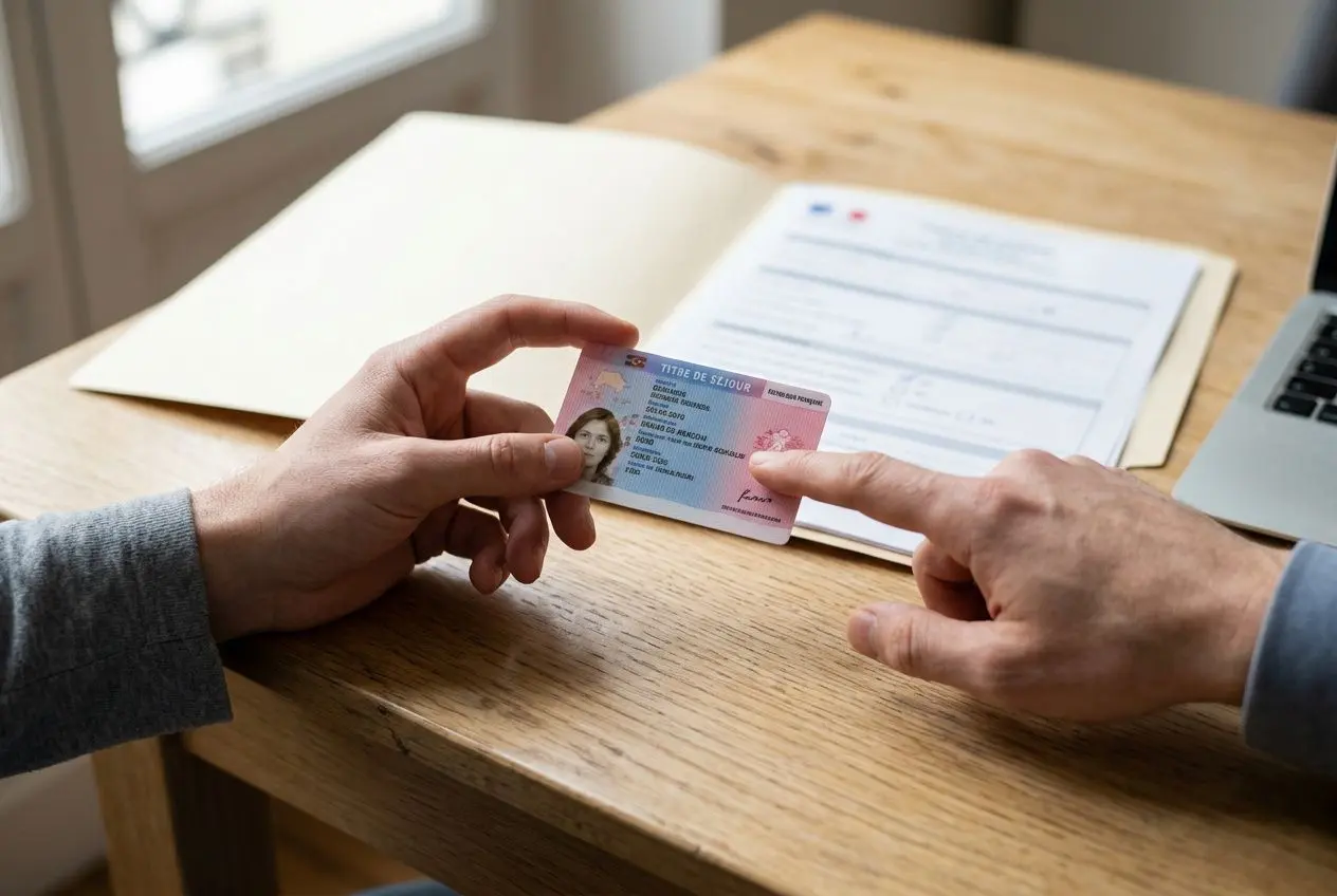 Échange de carte d’identité et document de séjour entre deux personnes sur une table, à côté d’un formulaire et d’un ordinateur.