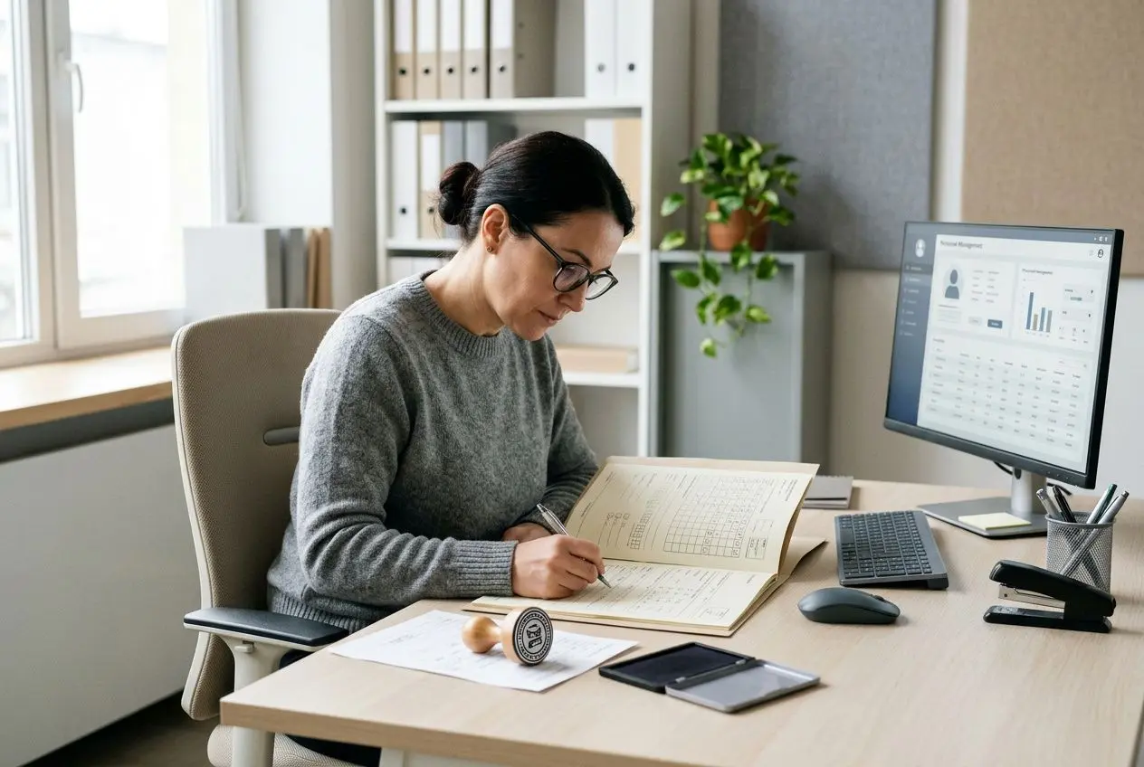 Femme au bureau, en train de noter dans un cahier, avec ordinateur et documents sur le pupitre, pour la gestion administrative détachement.