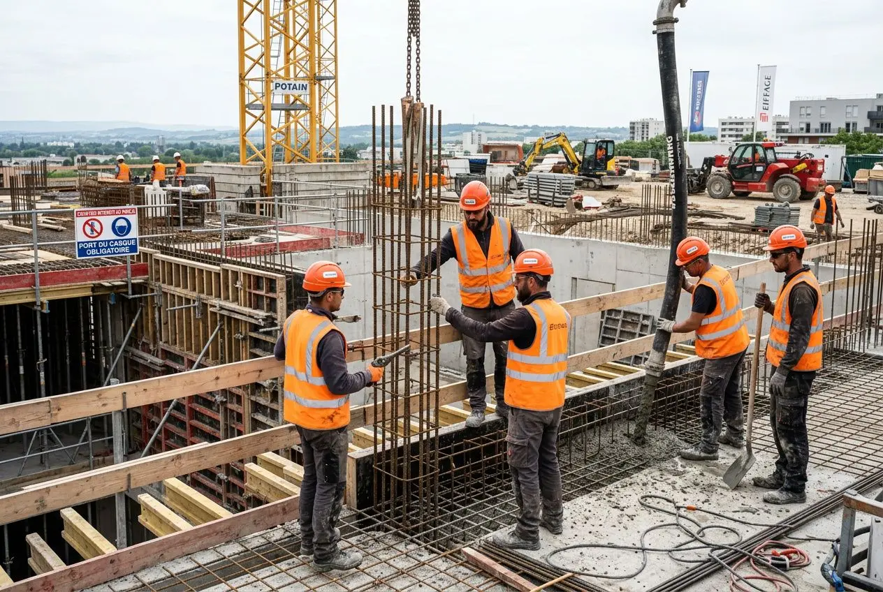 Homme en gilet orange sur un chantier BTP, sous une grue, coordonnant la pose de ferraillage avec d’autres ouvriers.ajout: équipe discutant les angles de travail sur un maillage de fer.