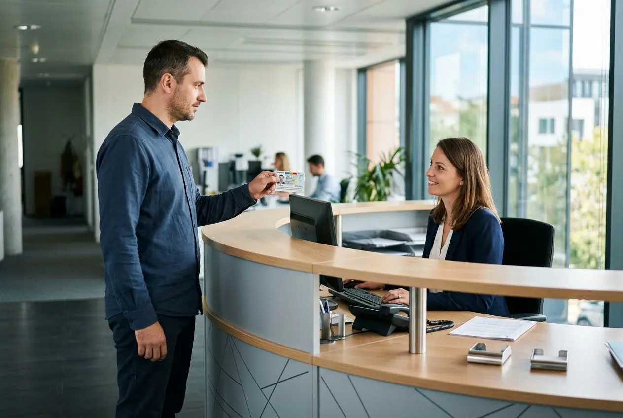 Homme tendant sa carte d’identification à une employée derrière un guichet, dans un espace réception lumineux et moderne.