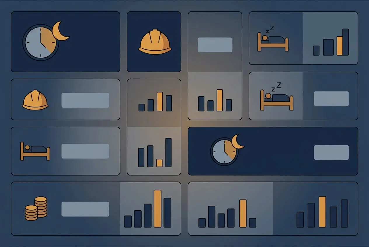 Horaires et visualisation des activités BTP nocturnes : icônes de nuit, casque, lit et graphiques illustrant les majorations et plages horaires liées à l’heure de nuit btp 2025.