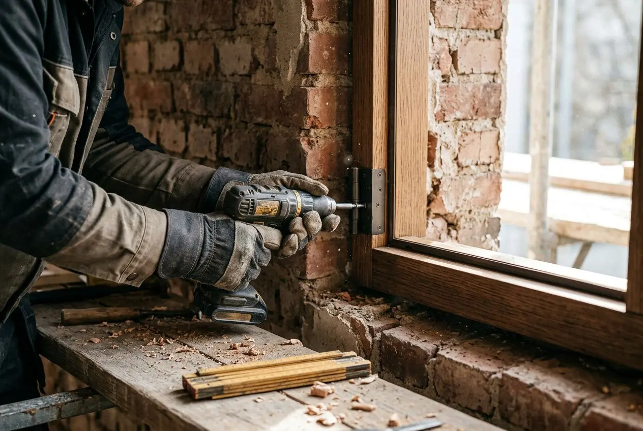 Ouverture d’une fenêtre en bois en travaux, outil électrique en main et gants; briques et copeaux autour. pénurie menuisiers france 2026 dans le contexte.