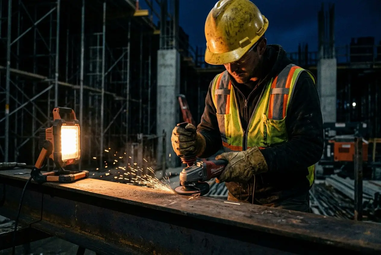 Ouvrier en casque et gilet réfléchissant utilisant une pince sur une pièce métallique, travail nocturne dans un chantier BTP. heure de nuit btp 2025