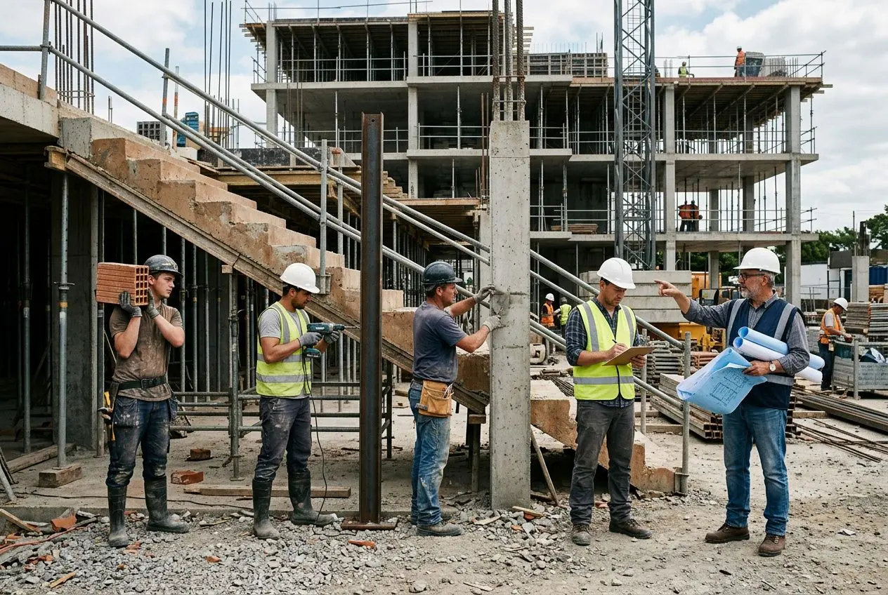 Ouvriers du BTP sur un chantier en Île-de-France, échange de plans et supervision par un responsable portant casque et gilet jaune. grille salaire ouvrier btp 2026 ile de france intégrée.