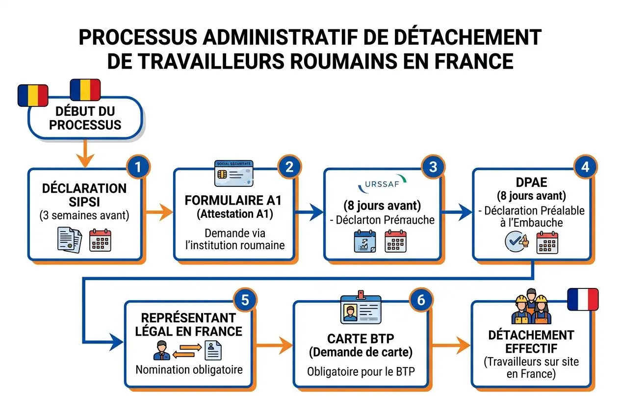 Processus administratif de détachement des travailleurs roumains en France avec les étapes clé: déclaration, formulaire A1, attestation, DPAE, représentant légal, carte BTP et détachement effectif.