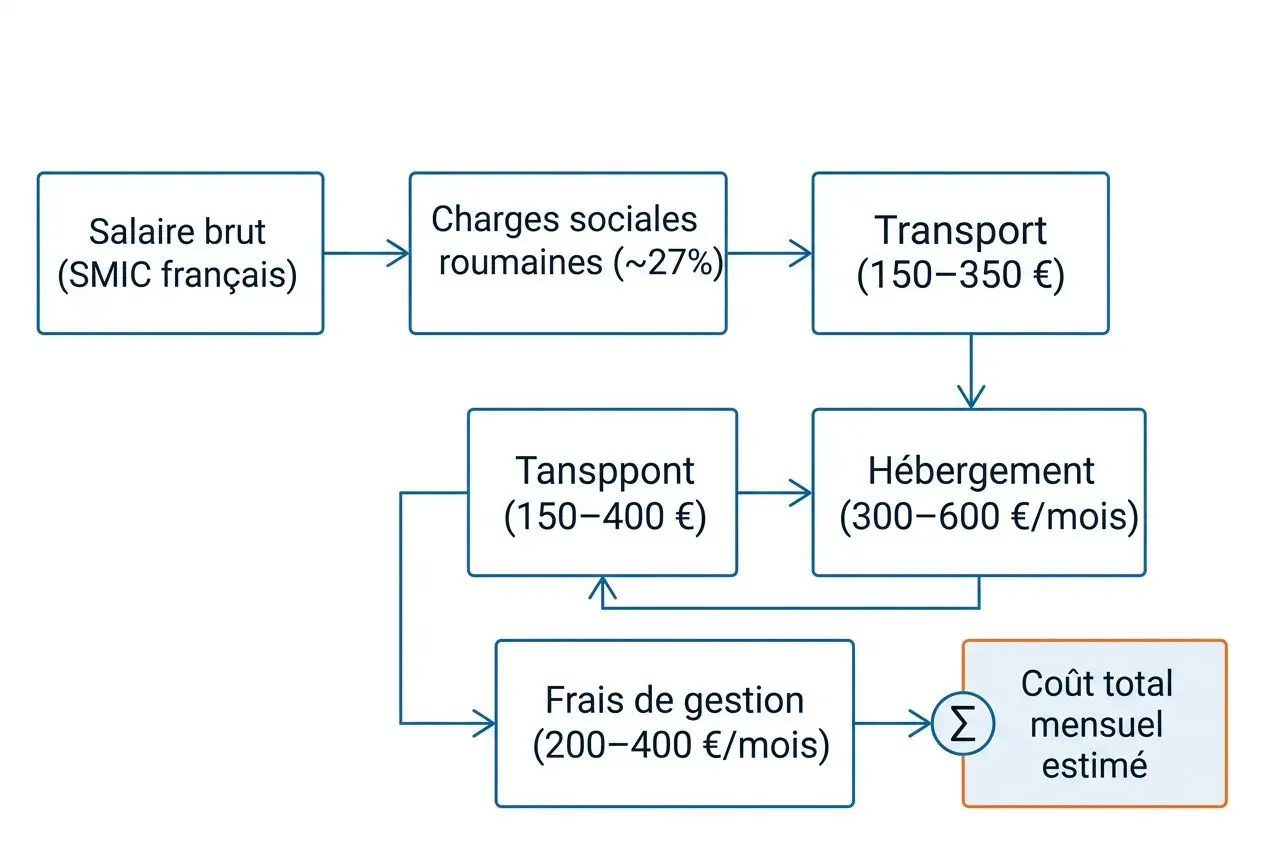 Schéma illustrant les coûts: salaire brut, charges sociales, transport, hébergement, transport, frais de gestion et coût total mensuel estimé pour un intérimaire/détaché. Intègre le terme coût intérimaire détaché construction.