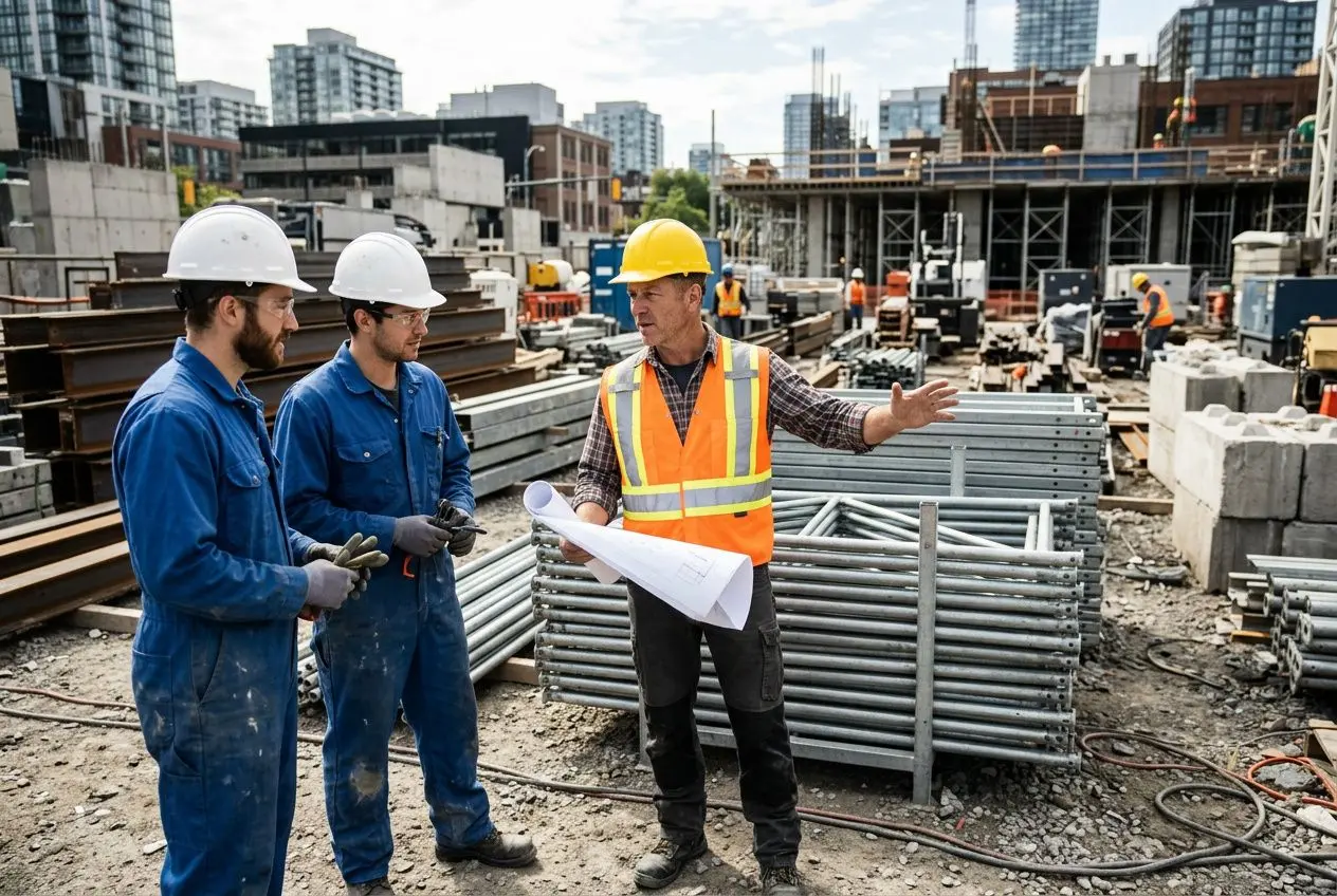 Trois ouvriers sur un chantier BTP discutent devant des plans, avec un chef en gilet orange expliquant le projet.