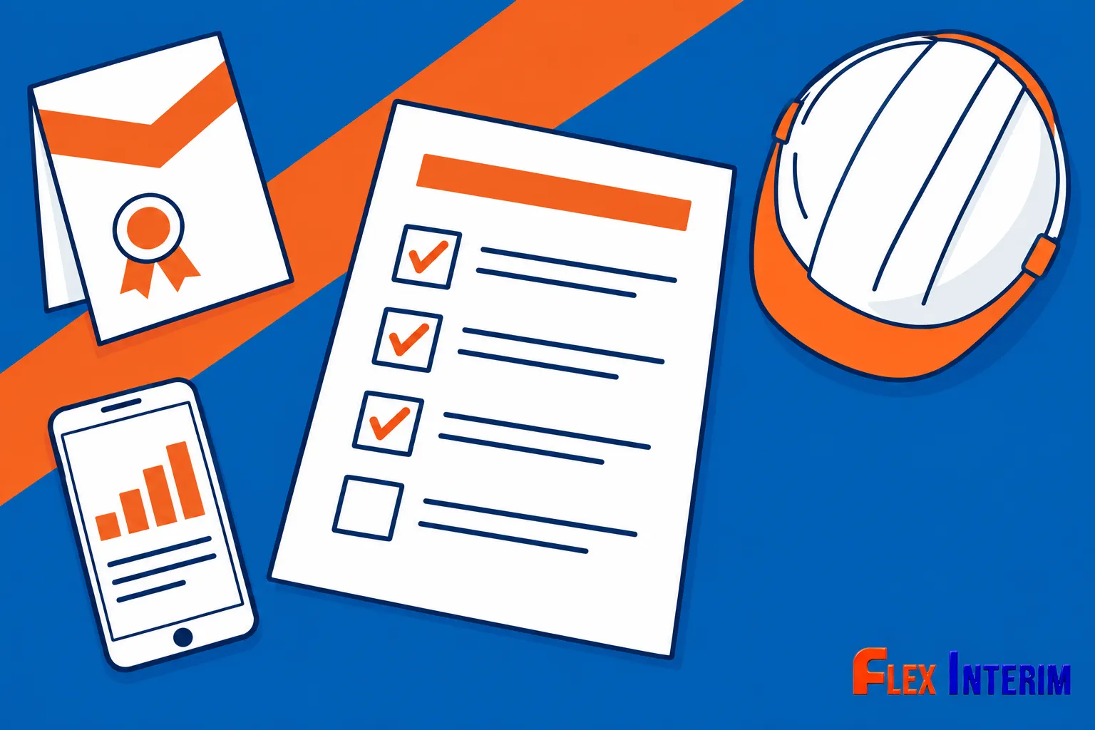 Une affiche avec une liste de contrôle, un casque de chantier et un diplôme sur fond bleu et orange.