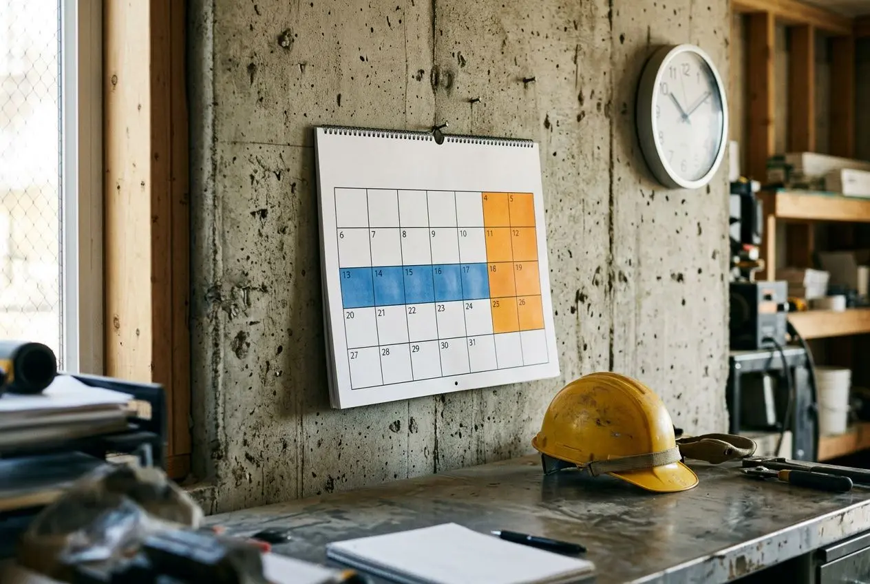 Calendrier avec des dates marquées en bleu et orange, sur un plan de travail d’atelier accompagné d’un casque de sécurité jaune.