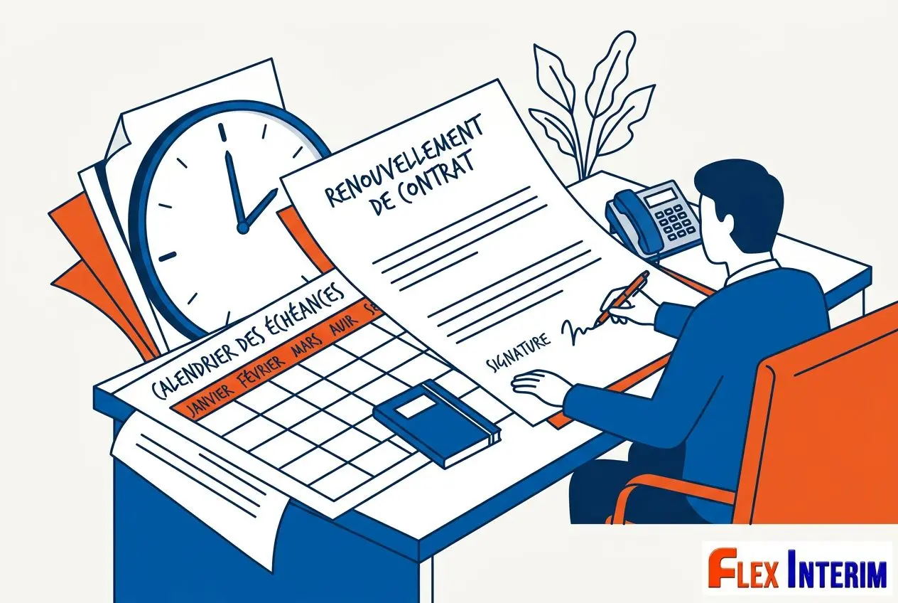 Contrat intérimaire détaché : agent en train de signer un document de renouvellement de contrat sur un bureau, avec calendrier et outils bureautiques. Durée contrat intérimaire détaché.