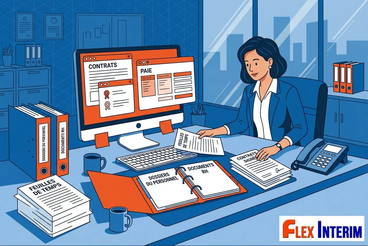 Gestion administrative du personnel : femme de bureau à son ordinateur avec dossiers, contrats et documents RH sur le bureau.
